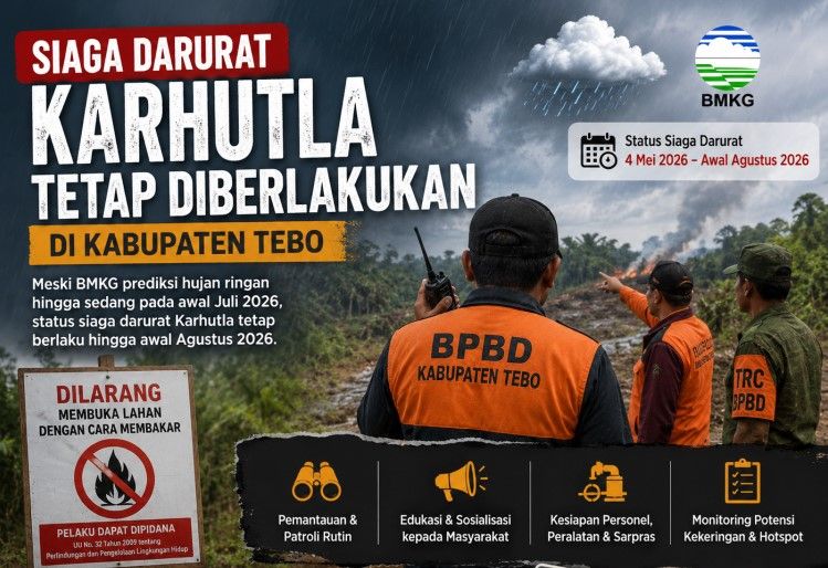 BPBD Tebo Pertahankan Status Siaga Darurat Karhutla Hingga Awal Agustus, BMKG Prediksi Hujan Ringan Masih Turun