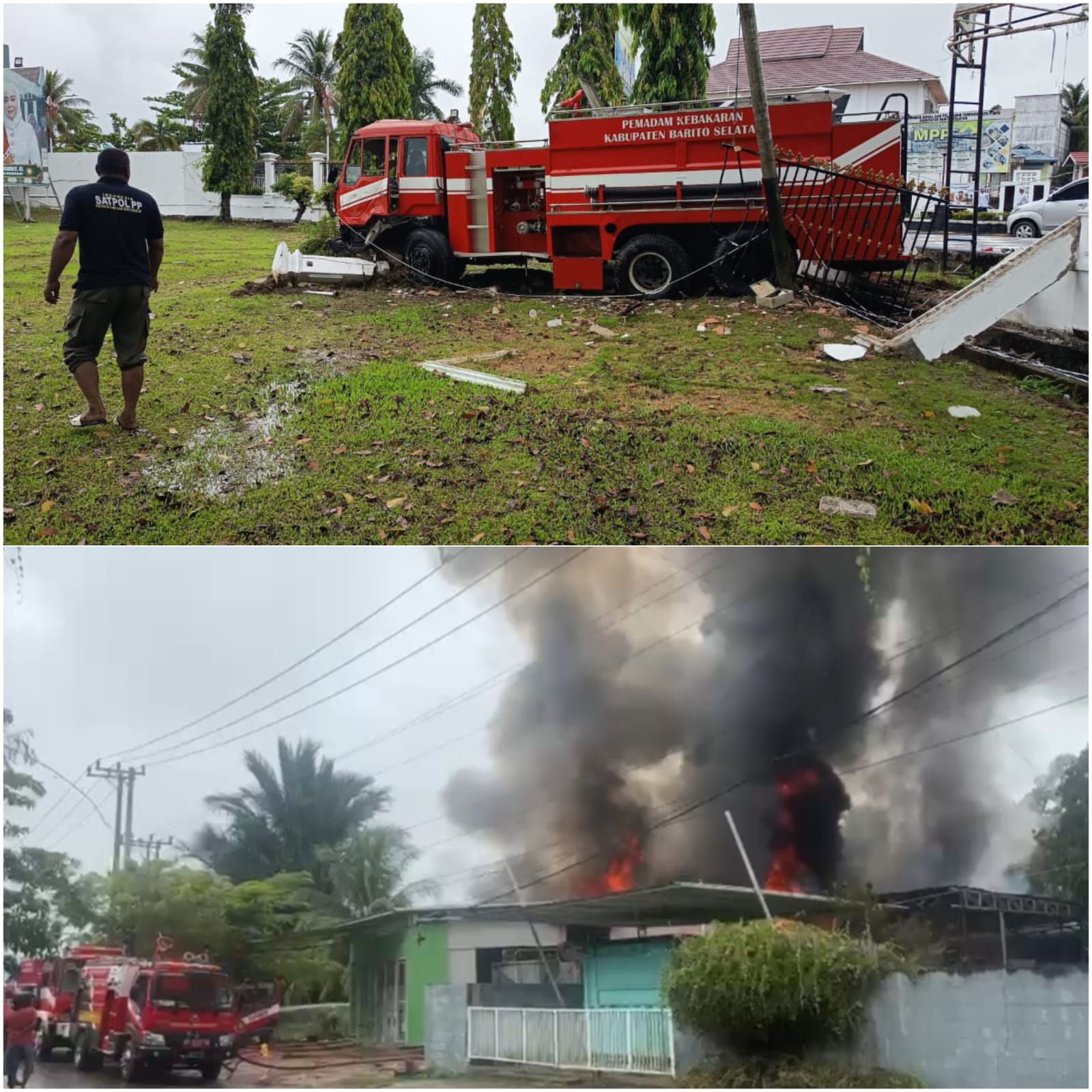 Gudang Elpiji di Buntok Terbakar, Truk Damkar Hilang Kendali Tabrak Pagar Kantor Bupati Barsel
