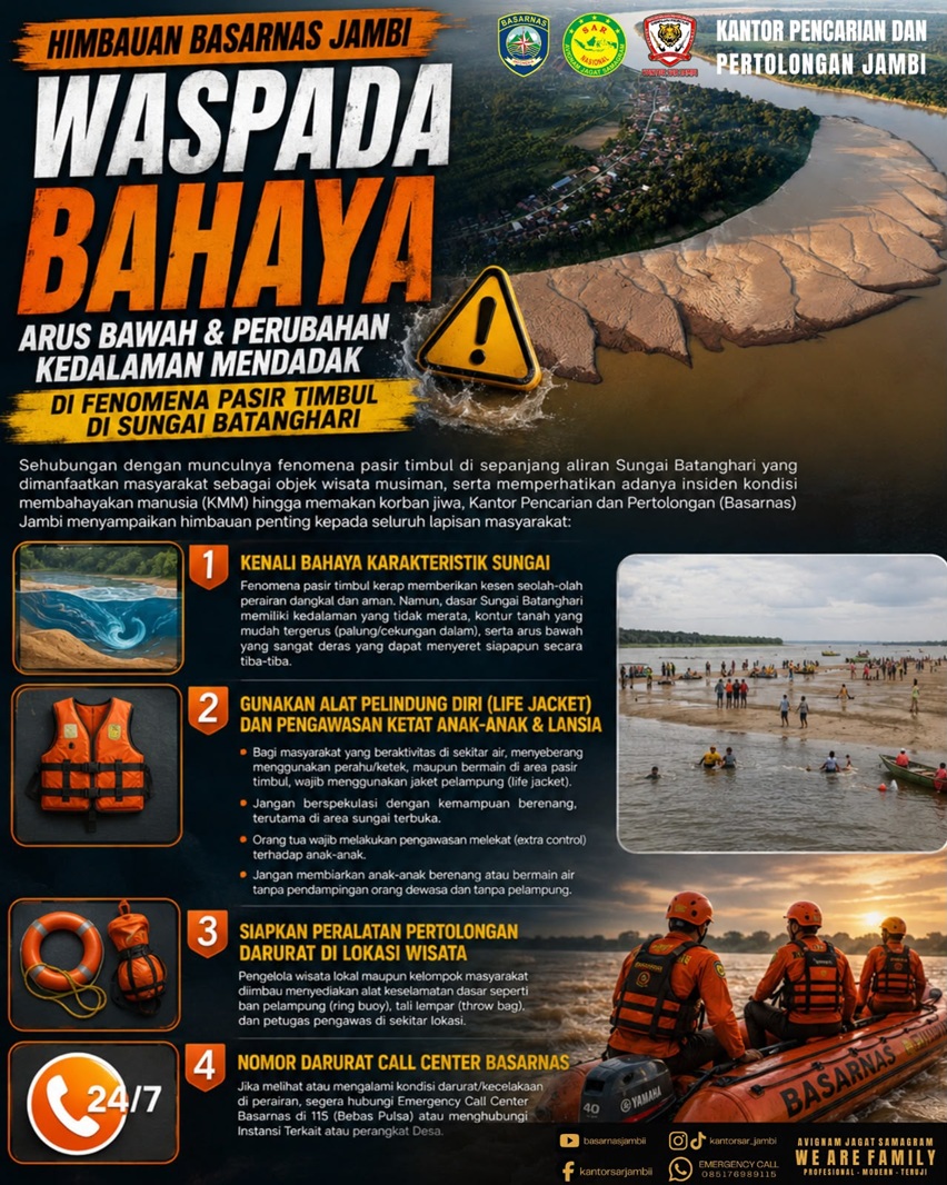 Basarnas Jambi Ingatkan Bahaya Arus Bawah di Balik Pesona Pasir Timbul Sungai Batanghari, Warga Diminta Waspadai Palung