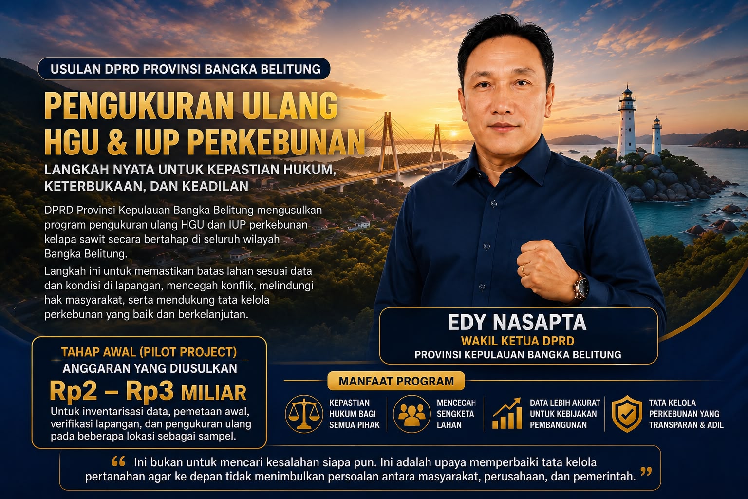 Wakil Ketua DPRD Babel Edi Nasapta Usul Pengukuran Ulang HGU Sawit Bertahap, Anggaran Rp2-3 Miliar untuk Pilot Project
