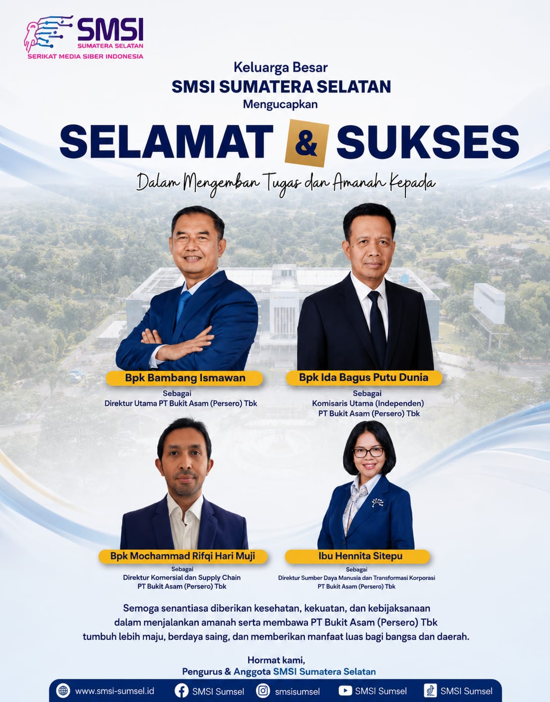 SMSI Sumsel Ucapkan Selamat kepada Direksi dan Komisaris Baru PT Bukit Asam, Harap Perusahaan Makin Berkontribusi untuk Pembangunan Sumsel
