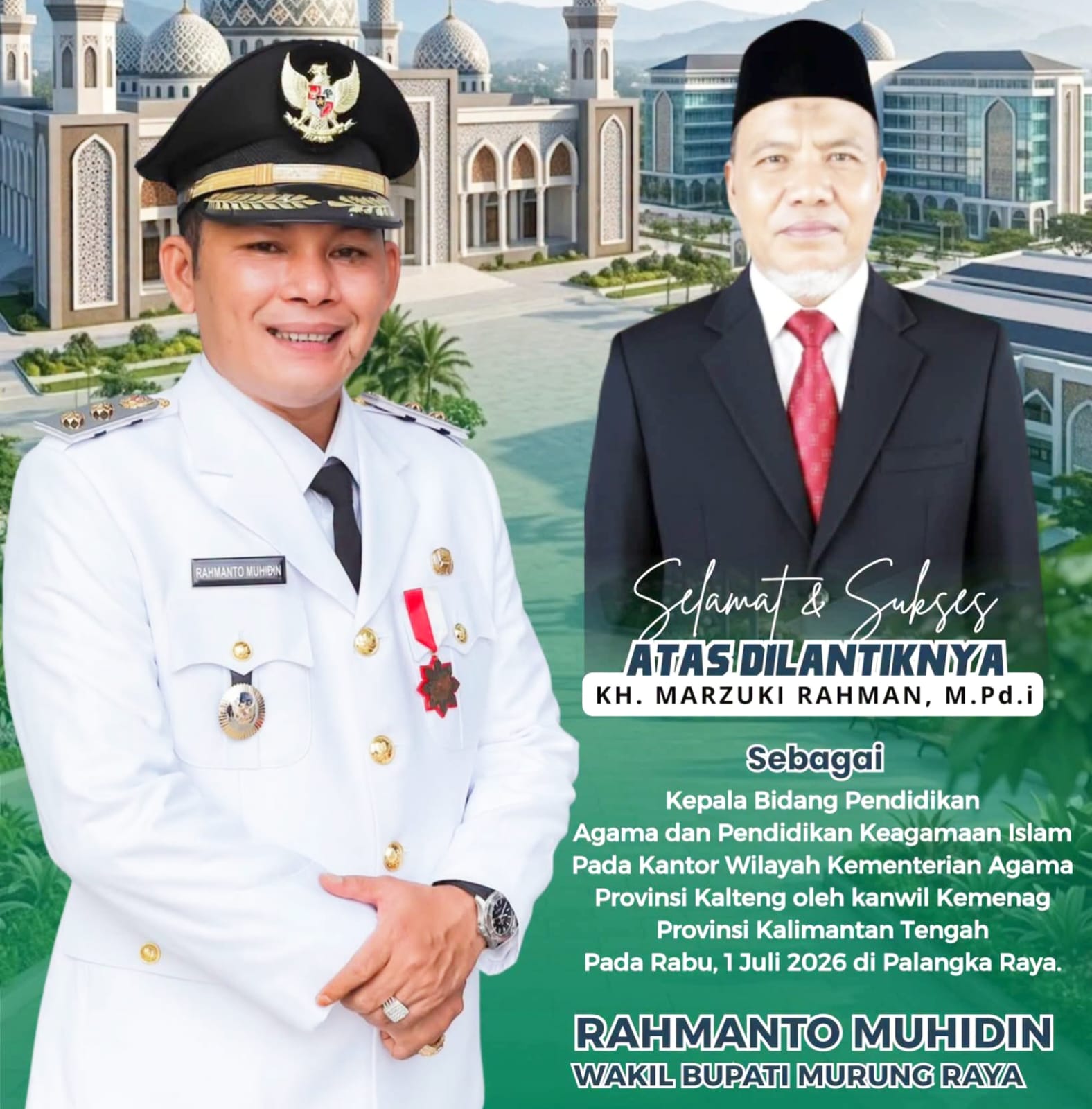 Wabup Murung Raya Rahmanto Muhidin Ucapkan Selamat atas Pelantikan KH Marzuki Rahman sebagai Kabid Pendidikan Agama Islam Kanwil Kemenag Kalteng