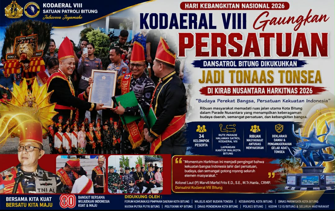 Parade Nusantara Harkitnas 2026 di Bitung: 34 Kelompok Budaya Meriahkan Jalan Protokol, Dansatrol Dikukuhkan Jadi Tonaas Tonsea