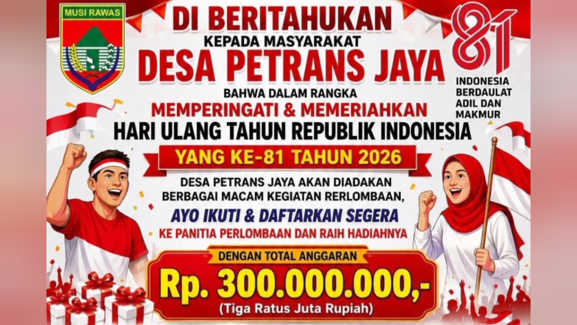 HUT RI ke-80 di Petrans Jaya Musi Rawas Siapkan Hadiah Rp300 Juta, 10 Lomba Digelar Gratis