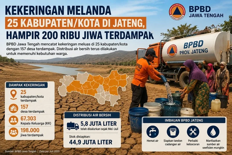 Kekeringan di Jateng Meluas ke 25 Kabupaten/Kota, 198 Ribu Jiwa Terdampak Krisis Air Bersih