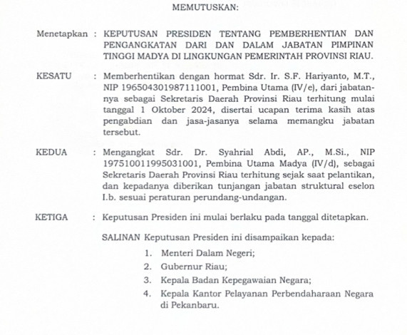 Pelantikan Sekdaprov Riau Definitif Digelar Jumat