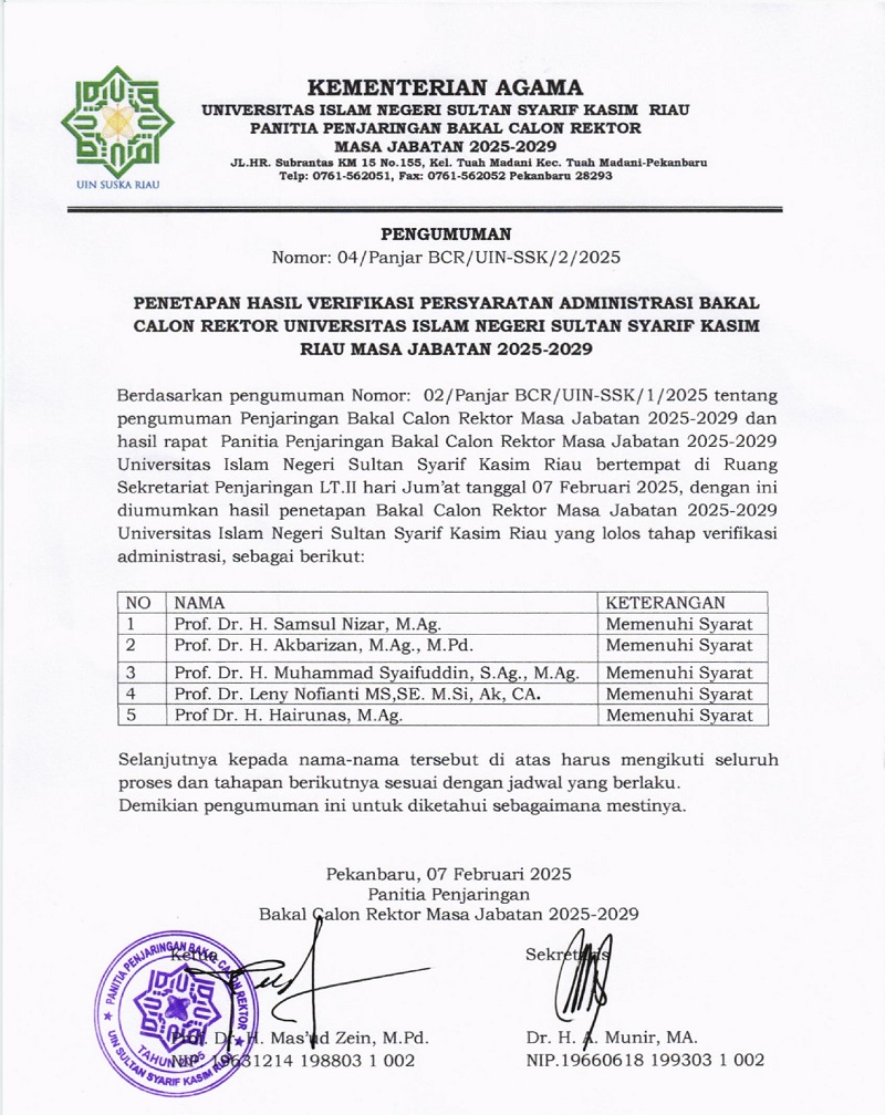 Lima Bakal Calon Rektor UIN Suska Riau Lulus Seleksi Administrasi, Ini Nama-namanya