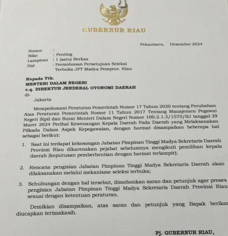 Beredar Surat Usulan Pengisian Jabatan Sekda, Pj Gubri Rahman Hadi Dinilai Tak Hargai Gubernur Terpilih