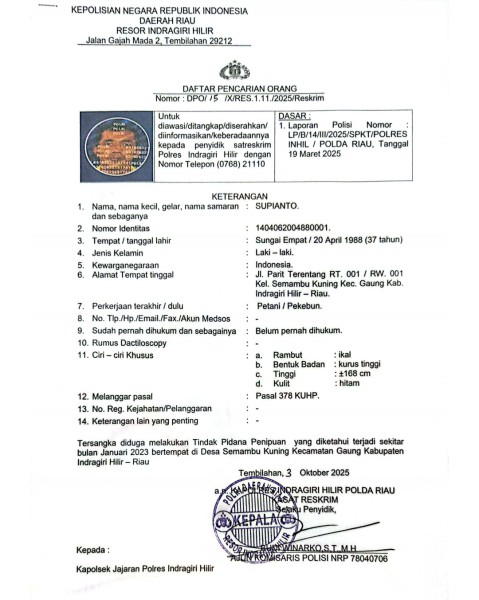 Polres Inhil Tetapkan Supianto Warga Gaung Sebagai DPO Kasus Penipuan Jual Beli Lahan